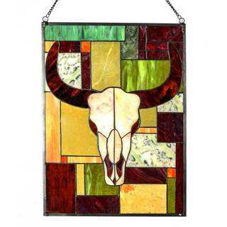 Tiffany-style Jade Rustic Cattle 34-inch Stained Glass Window Panel