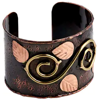 Handcrafted Tri-color Embossed Copper Leaves Brass Swirl Cuff Bracelet (India)