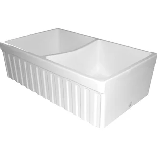 Quatro Alcove Fireclay Reversible Double Bowl Sink with Fluted Front Apron and 2-inch/2.5-inch Side Lips