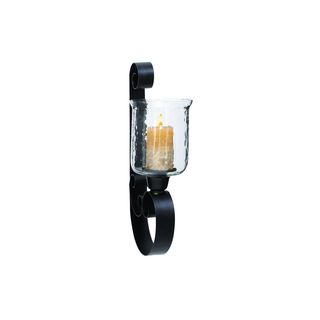 Black Wrought Iron 21-inch Wall-mount Sconce Hurricane Candle Holder with Textured Glass Flared Top