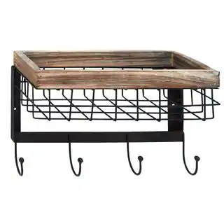 Black Iron/Wood 9-inch x 13-inch Wall Basket With Hooks