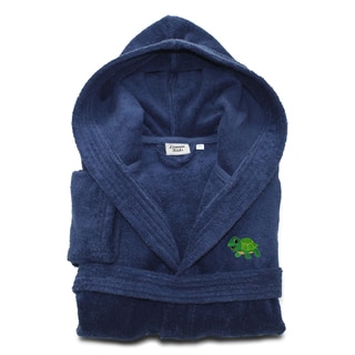 Sweet Kids Set of 2 Midnight Blue Turkish Cotton Hooded Terry Bathrobe with Embroidered Green Turtle and White Hand Towel