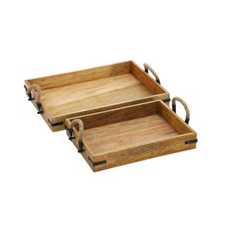 Set of 2 Distressed Oak Wood Serving Trays