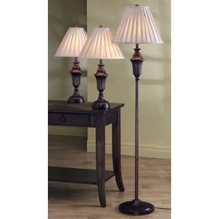 3-piece Dark Brown Lamp Set with Gold Pleated Bell Shade