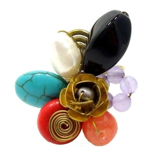 Handmade Ruffled Rose Multicolor Stone Cluster Free Size Brass Ring (Thailand)