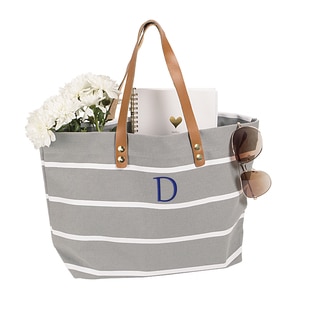 Personalized Grey Striped Tote with Leather Handles