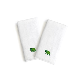 Sweet Kids 2-piece White Turkish Cotton Hand Towels with Embroidered Green Turtle (Set of 2)