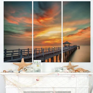 Colorful Sky and Long Wooden Pier - Sea Pier Wall Art Canvas Print