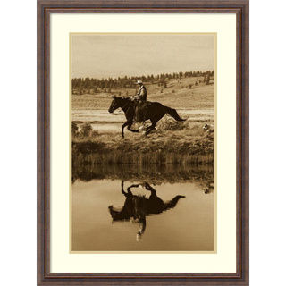 Framed Art Print 'Cowboy riding Horse beside pond with two dogs, Oregon - Sepia' by Konrad Wothe 23 x 31-inch