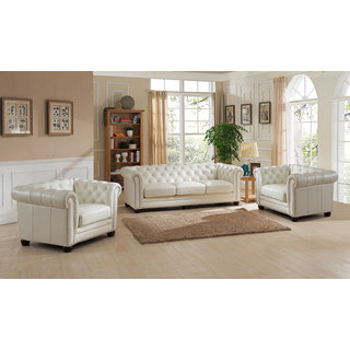 Nashville White Genuine Leather Tufted Chesterfield Sofa and Two Chair Set