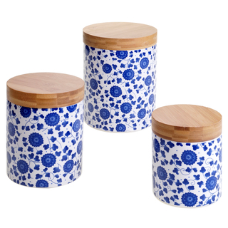 Certified International Chelsea Indigo Poppy 3-piece Ceramic Canister Set with Bamboo Lids