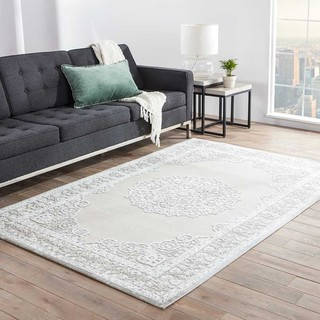 Classic Medallion Pattern Ivory/ Grey Rayon Chenille Area Rug (9x12)