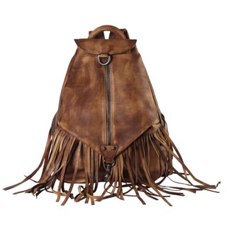 Rimen & Co. Diophy Brown Genuine Leather Fringe Zippered Fashion Backpack