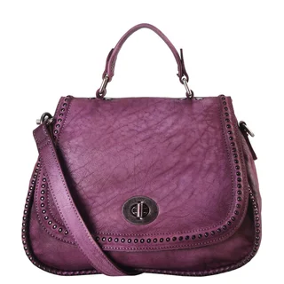 Diophy Purple Genuine Leather Studded Top-handle Medium Handbag