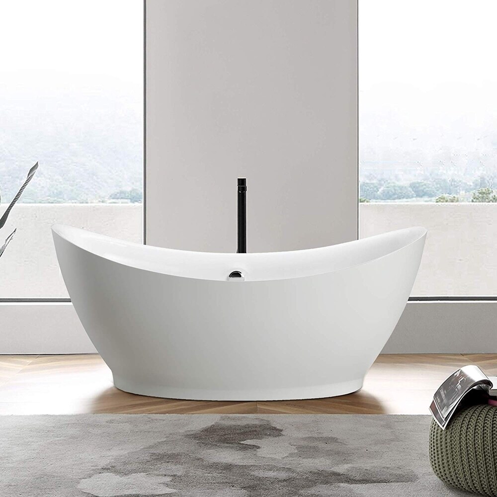 Vanity Art 68" Freestanding Acrylic Bathtub Modern Stand Alone Soaking Tub with Polished Chrome Round Overflow & Pop-up Drain