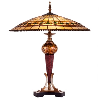 Green/Beige/Brown Resin/Art Glass 28-inch High Tiffany-style Stained Glass Geometrical Table Lamp with Ornate Base
