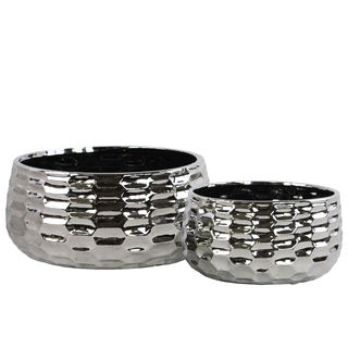 Chrome Silver Ceramic Round Bowl-shaped Pot (Set of 2)