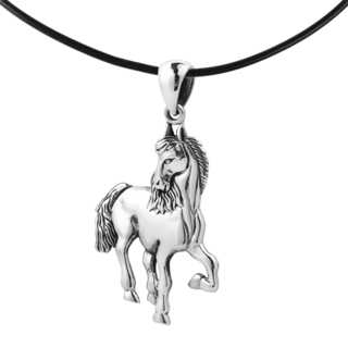 Wild Equine Horse Sterling Silver Black Rubber Necklace (Thailand)