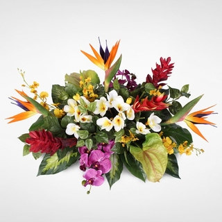 Orchids with Birds of Paradise, Hawaiin Ginger, Heliconia, Anthurium and Plumeria Tropical Arrangement on a Metal Tray