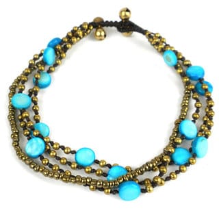 Many Moons Brass and Shell Bead Anklet in Turquoise - Global Groove (Thailand)