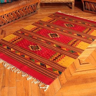 Handcrafted 'A Thousand Stars' Beige Red Zapotec Wool Rug (4 x 6.5) (Mexicow)