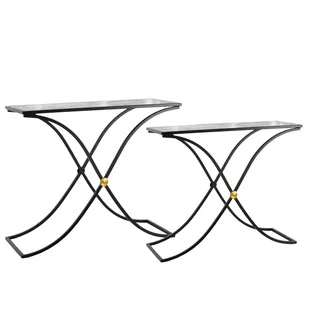 Metal Rectangular Nesting Table with Marble Top and Rectangle Cross Legs Set of Two Metallic Finish Black