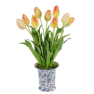 Jane Seymour Botanicals Yellow Orange 21-inch Dutch Tulips In Blue/White Flared Ceramic Vase