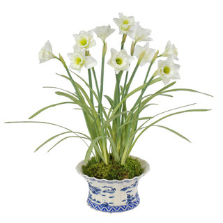 Jane Seymour Botanicals 25-inch Faux-silk White Daffodils with Foliage In Ceramic Vase