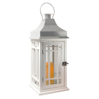 Wooden Lantern with LED Candle - White with Chrome Roof