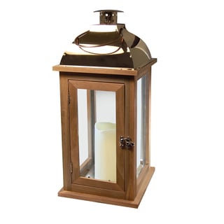 Wooden Lantern with LED Candle - Brown with Copper Roof