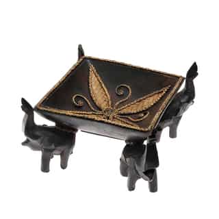 Victorious Elephant Quartet Artisan Carved Wood Square Tray (Thailand)