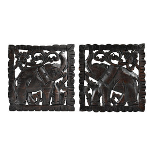 Opposing Elephant Panel Set Hand Carved Teak Wood Wall Art (Thailand)