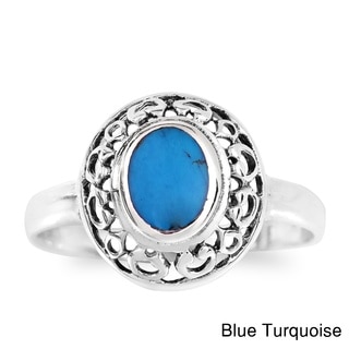 Handmade Exquisite Swirl Frame Oval Turquoise Sterling Silver Ring (Thailand)