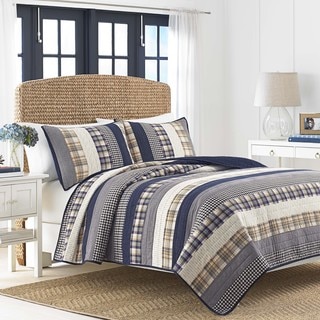 Nautica Rangley Blue and White Cotton Horizontal Patchwork Pieced Quilt