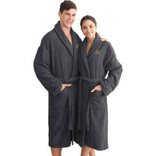Authentic Hotel and Spa Charcoal Grey with Gold Monogrammed Herringbone Weave Turkish Cotton Unisex Bath Robe
