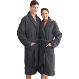Authentic Hotel and Spa Charcoal Grey with Blue Monogrammed Herringbone Weave Turkish Cotton Unisex Bath Robe