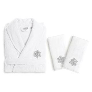 Authentic Hotel and Spa Silver Snowflake Holiday Terry Cloth Turkish Cotton Bath Robe and Hand Towel Set (Set of 3)