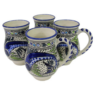 Set of 4 Le Souk Ceramique Aqua Fish Design Large Stoneware Mugs (Tunisia)