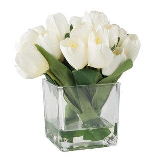Pure Garden Tulip Floral Arrangement with Glass Vase - Cream