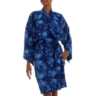 Handcrafted Rayon 'Gorgeous in Cyan' Short Batik Robe (Indonesia)