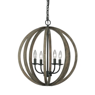 Feiss Allier 4 Light Weathered Oak Wood / Antique Forged Iron Pendant