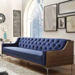 Chic Home Clark Velvet Modern Contemporary Button Tufted Swoop Arm with Walnut Finish Silvertone Chrome Y-leg Sofa