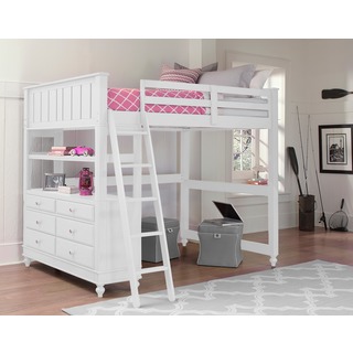 Lake House White Full Loft Bunk Bed with Desk