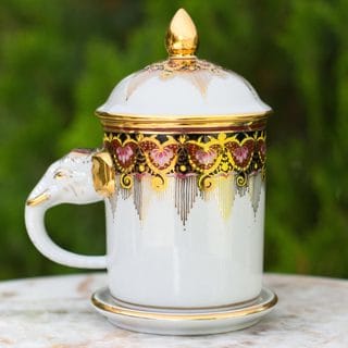 Handcrafted Benjarong Porcelain 'Thai Iyara' Mug and Saucer (Thailand)