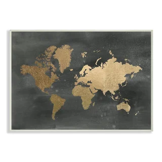 Stupell Black and Gold World Map Wall Plaque Art