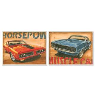 Red and Blue Vintage Muscle Cars 2-piece Wall Plaque Art Set