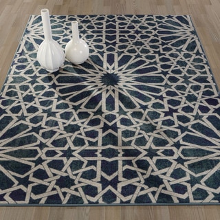 Ottomanson Authentic Collection Nonslip Contemporary Blue Polypropylene Geometric Pattern Area Rug (5' x 6'6)