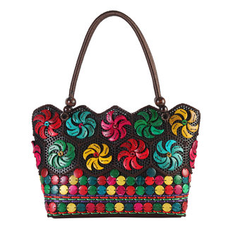 Diophy Multicolored Polyester/PVC Woven Beaded Large Tote Bag