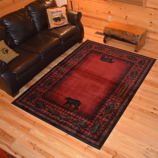Rustic Lodge Bear Cabin Black Red Area Rug (5'3 x 7'3)