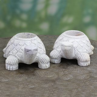 Set of 2 Handcrafted Natural Soapstone 'Turtle Twins' Candleholders (India)